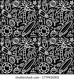 Patrón veraniego inmaculado con elementos de playa dibujados a mano como gafas de sol, palma, sandía, tabla de surf, flamingo, botella, olas, ascensor, sandalias. Diseño de impresión de moda, ilustración vectorial