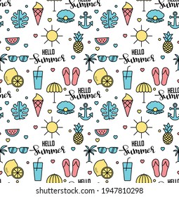 Colorful seamless summer pattern with hand drawn beach elements such as sunglasses, palm, watermelon slice, tote bag, umbrella, ice cream, waves, sand. Fashion print design, vector illustration eps 10