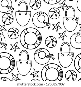 Colorful seamless summer pattern with hand drawn beach elements. Fashion print design, vector illustration
