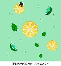 Farbiges, nahtloses Sommermuster mit handgemachten Obstelementen wie Wassermelonscheibe, Zitrone, Limette, Zitronenblatt, Blume. Muster für die Gestaltung der Kleidung, Vektorgrafik. Heller und saftiger Hintergrund.