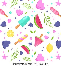 Patrón veraniego inmaculado con elementos de playa dibujados a mano, como la rebanada de sandía, el paraguas, el helado, las hojas, la concha, la estrella de mar. Diseño de impresión de moda, ilustración vectorial