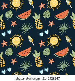 Colorful seamless summer pattern with hand drawn elements: sunglasses, palm leaves, watermelon slice, pineapple, starfish, ice cream, sun. Fashion print design, vector illustration