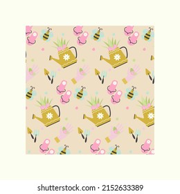 Colorful seamless summer pattern with hand drawn beach elements such as flip flops, glove, watering can, butterfly, garden tools, shovel, rake, flowers.Fashion print design, vector illustration. 