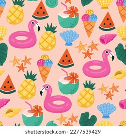 Colorful seamless summer pattern with hand drawn beach elements. Colorful summer seamless pattern.