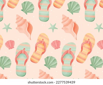 Colorful seamless summer pattern with hand drawn beach elements. Colorful summer seamless pattern.