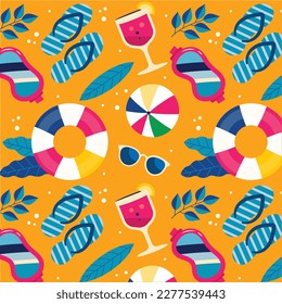 Colorful seamless summer pattern with hand drawn beach elements. Colorful summer seamless pattern.
