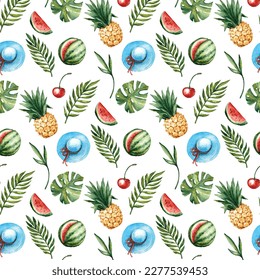 Colorful seamless summer pattern with hand drawn beach elements. Colorful summer seamless pattern.