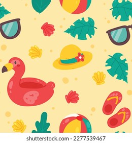 Colorful seamless summer pattern with hand drawn beach elements. Colorful summer seamless pattern.