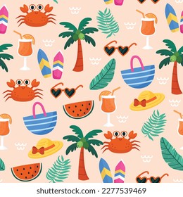 Colorful seamless summer pattern with hand drawn beach elements. Colorful summer seamless pattern.