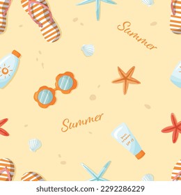 Colorful seamless summer pattern with hand drawn beach elements such as sunglasses, flip flops, starfish, sun cream and summer text on the sand background. Fashion print design, vector illustration