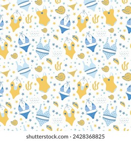 Colorido patrón de verano sin costuras con bikini dibujado a mano, traje de baño, sujetador y traje de baño. Diseño de impresión de moda, ilustración vectorial