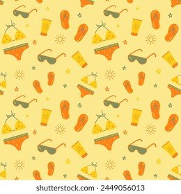 Colorful seamless summer pattern with hand drawn beach elements such as sunglasses, flip flops, swimsuit, sun, sand. Fashion print design, vector illustration