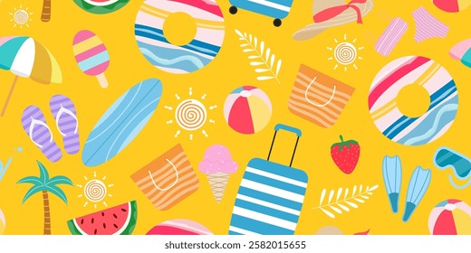 Colorful seamless summer pattern with hand drawn beach elements such as sunglasses, palm, watermelon slice, tote bag, umbrella, ice cream, waves and sun