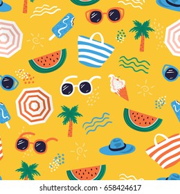Colorful seamless summer pattern with hand drawn beach elements such as sunglasses, palm, watermelon slice, tote bag, umbrella, ice cream, waves, sand. Fashion print design, vector illustration