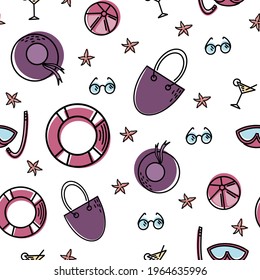 Colorful seamless summer pattern with handcrafted beach elements. Clothes design, vector illustration