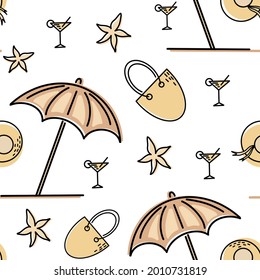 Colorful seamless summer pattern with handcrafted beach elements. Clothes design, vector illustration