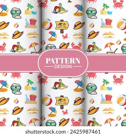 Colorful seamless summer pattern with hand-drawn beach elements such as sunglasses, palm, watermelon slice, tote bag, umbrella, ice cream, waves, and sand. Fashion print design, vector illustration