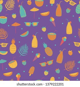 Colorful seamless summer pattern. Hello summer objects:sunglass, cocktails,fruits,icecream. Vector illustration.