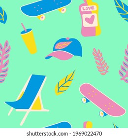 Colorful seamless summer pattern with hipster elements like skateboard, plants, beach chair, glass, sun cream. Vector background for clothes and textiles with trendy color