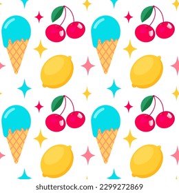 Colorful seamless summer pattern with ice cream, lemons, cherry and stars. Fashion print design, vector illustration