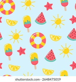 Colorful seamless summer pattern with ice creams, sun, watermelon, lemon slices, starfish, and lifebuoys on a light blue background. Fun and cheerful holiday vibe.