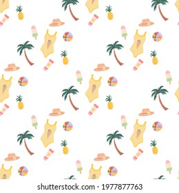 Colorful seamless summer pattern with palm, pineapple, beach bag, ice cream, swimsuit. Fashion design, wrapping paper, vector illustration