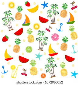 Colorful seamless summer pattern with sun, palm tree, watermelon slice, pineapple, boat, anchor and strawberry. Fashion print design. vector illustration