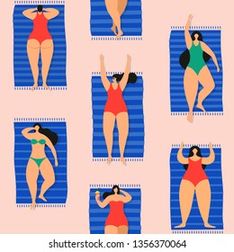 Colorful seamless summer pattern with sunbathing young beautiful women on beach. Girls on beach or on sea rest and spend their leisure time in fresh air. Vector illustration in trendy flat style. 