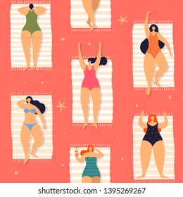 Colorful seamless summer pattern with sunbathing young beautiful women on beach. Girls on beach or on sea rest and spend their leisure time in fresh air. Vector illustration in trendy flat style. 