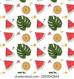 Colorful seamless summer pattern with tropical fruits. Lemon, watermelon and tropical leave on a white background. Vector illustration.