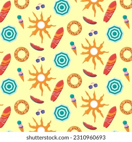 Colorful seamless summer pattern with umbrella, donut rubber ring, sunglasses, icecream cone, surfboard, watermelon slice