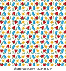 Patrón veraniego inmaculado con melón de agua, helado, sol, hoja de palma con fondo de punto. Ilustración vectorial de elementos de verano brillante. Diseño de impresión de moda, ilustración vectorial. 