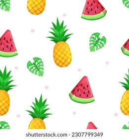 Farbiges nahtloses Sommermuster mit Wassermelonenscheibe, Ananas, grünen Blättern. Modedesign, Vektorgrafik.