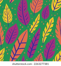 Colorful Seamless Summer Plumage Decor Texture. Purple Seamless Indian Feathers Template, Seamless Pattern. Green Repeated Decoration Quill Leaves Art. Quill