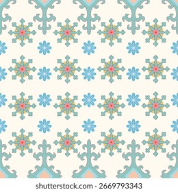 Patrón Suzani inconsútil colorido que refleja el arte tradicional del bordado de Uzbekistán. Con motivos florales y geométricos étnicos, este diseño es versátil para la moda, la decoración del hogar y proyectos gráficos.