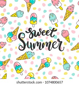 Colorful seamless sweet summer pattern with hand drawn elements such as different ice creams. For fashion print design, textile, vector illustration.