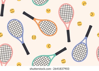 colorful seamless tennis rackets and balls pattern; perfect for sports-themed textiles, kids' apparel, wallpapers, wrapping paper, or active lifestyle branding- vector illustration