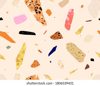 Colorful seamless terrazzo pattern. Hand drawn trendy abstract illustrations. Creative collage seamless pattern. 