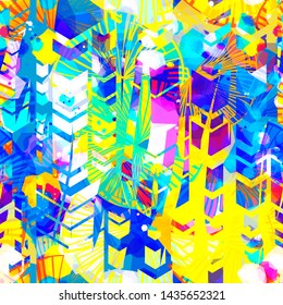 Colorful seamless texture with arrows, blots, floral elements. Abstract vector background for web page, banners backdrop, fabric, home decor, wrapping