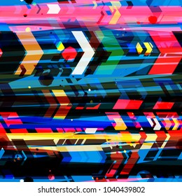 Colorful seamless texture from arrows and stripes. Dynamic pattern. Abstract vector background for web page, banners backdrop, fabric, home decor, wrapping, boys and sports design