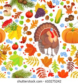 colorful seamless texture with autumn elements and lovely turkey. happy thanksgiving day