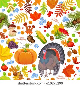 colorful seamless texture with autumn elements and turkey. happy thanksgiving day