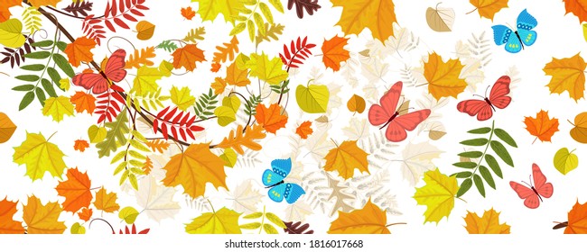 colorful seamless texture with autumn leaves and flying butterflies