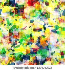 Colorful seamless texture with blots and 3d geometric shapes. Abstract vector background for web page, banners backdrop, fabric, home decor, wrapping