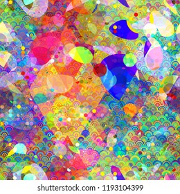 Colorful seamless texture with blots and geometric shapes. Abstract vector background for web page, banners backdrop, fabric, home decor, wrapping