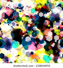 Colorful seamless texture from blots and hexagons. Digital space effect.