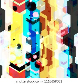 Colorful seamless texture with blots and techno elements. Abstract vector background for web page, banners backdrop, fabric, home decor, wrapping