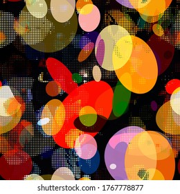 Colorida textura sin fisuras con burbujas y puntos. Patrón brillante con medio tono. Resumen de fondo vectorial para página web, fondo de banners, tela, decoración doméstica, envoltura