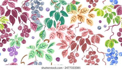 colorful seamless texture with bunches of grapes and leaves against white background. oriental watercolor painting