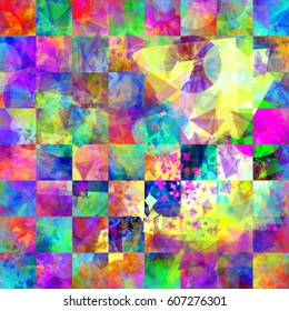 Colorful seamless texture from circle and triangles with chess pattern. Grunge background like broken checkerboard.